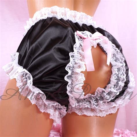 Sissy Spanking Maid Satin High Cut Super Frilly Open Crotch Shiny