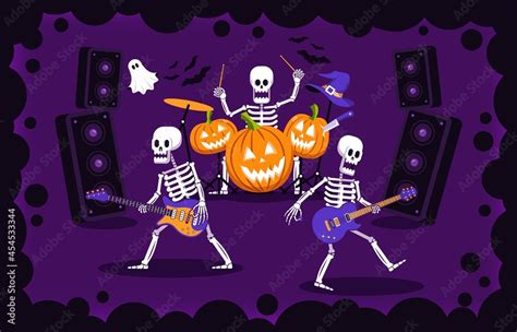 Halloween rock party. Rock group of skeletons and pumpkins performing ...