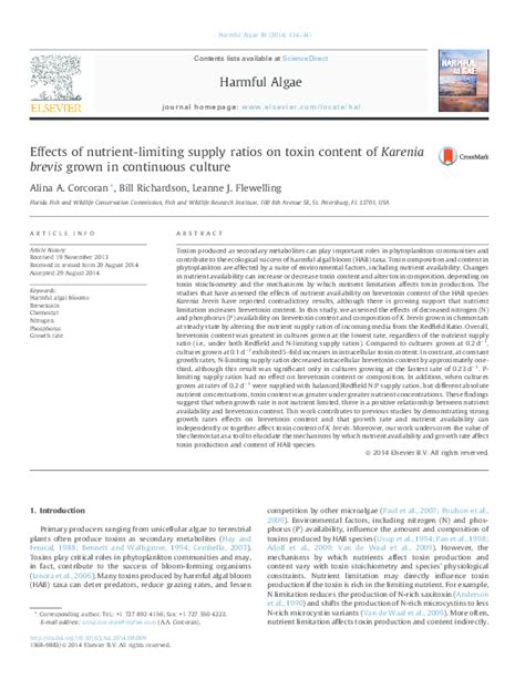 (PDF) Effects of nutrient-limiting supply ratios on toxin content of Karenia brevis grown in ...