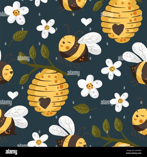 Cute bee insect summer seamless pattern background. Cartoon baby fly ...