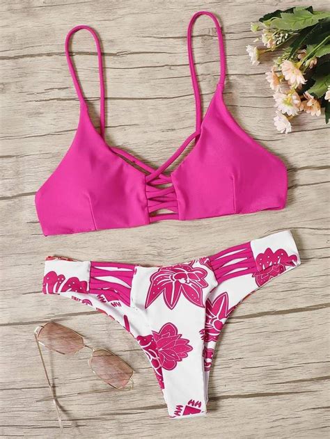 Shein Criss Cross Top With Floral Bikini Set Modest Bikini Floral