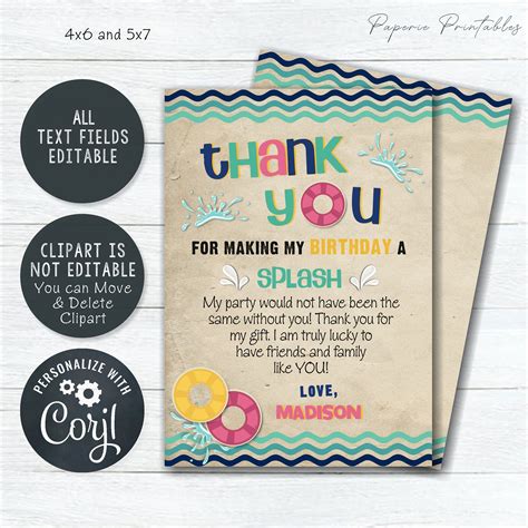 EDITABLE Girl Pool Party Birthday Thank You Card Pool Party Etsy