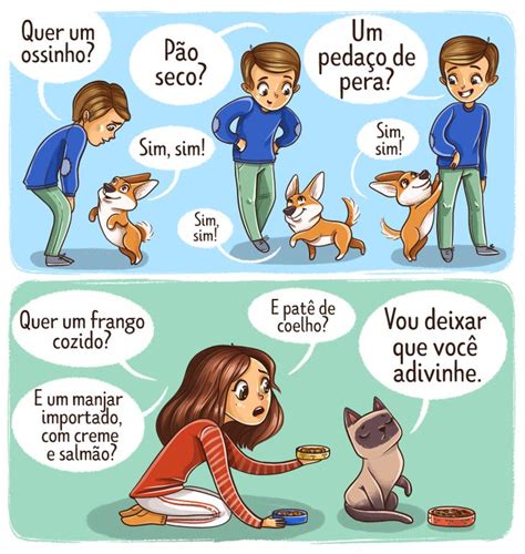 Uma história em quadrinhos demonstra a diferença entre cães e gatos