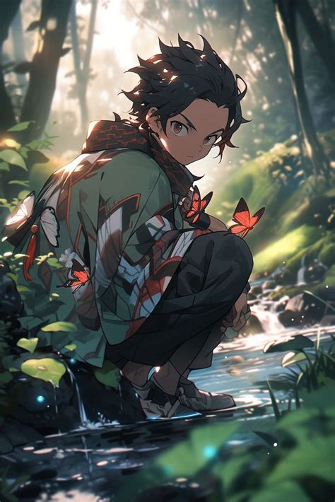 an anime character crouches in the woods