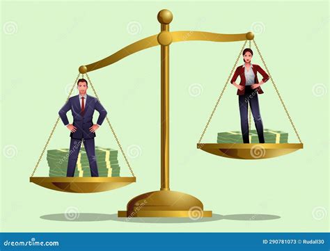 Businessman And Businesswoman Stand On A Golden Scale Conveys The