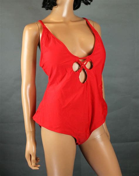 Solid Red Swim Suit Xl Nwot Sexy Revealing Plunge Neck One Piece Swim Suit New Ebay