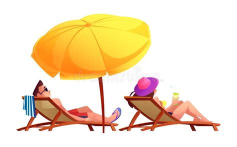 Couple Sunbathe On Chaise Lounge Under Umbrella Stock Vector