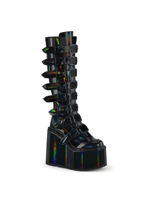 Swing Gothic Buckled Black Hologram Womens Platform Boots