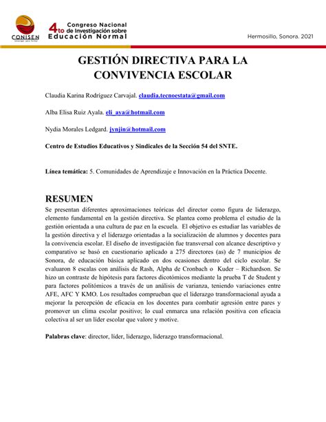 Pdf GestiÓn Directiva Para La Convivencia Escolar