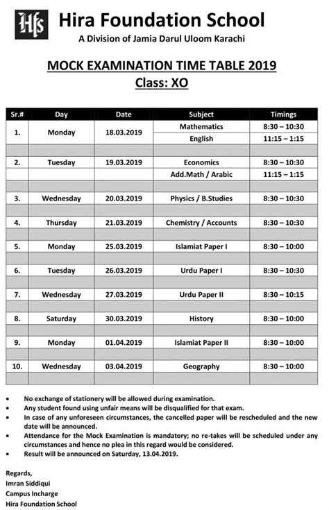 Mock Examination Time Table 2019 Class Xo Hira Foundation School