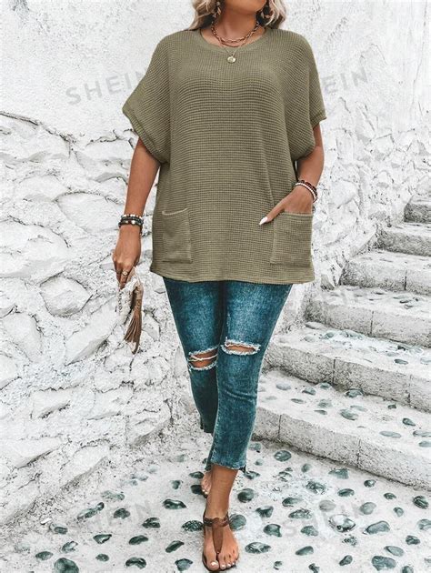 Shein Lune Plus Dual Pocket Batwing Sleeve Waffle Knit Tee Shein Usa