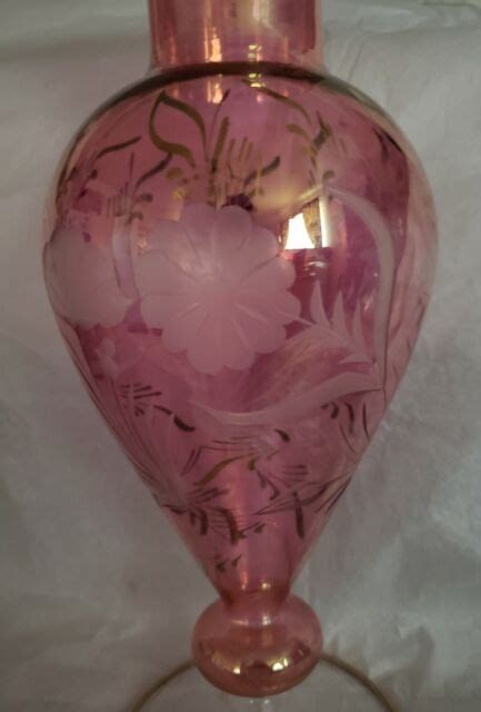 Vintage Cranberry Flash Floral Etched Footed Gold Trimmed Glass Vase 12 Inch Ebay