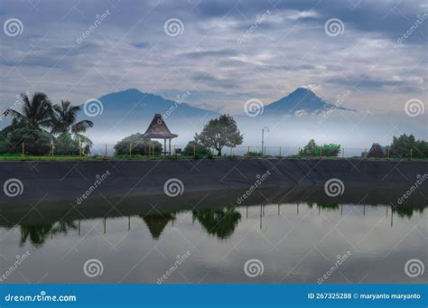 View Of The Reservoir With A View Of Mount Merapi Stock Photo Image