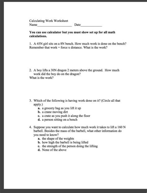 Solved Calculating Work Worksheet Name Date You can use | Chegg.com ...