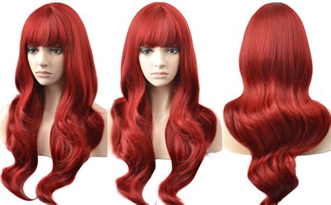 Beron Red Wig Long Wavy Wig With Bangs For Women Girls