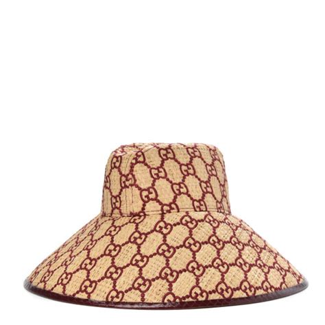 Gucci Raffia Elaphe Gg Monogram Embroidered Wide Brim Hat Ivory