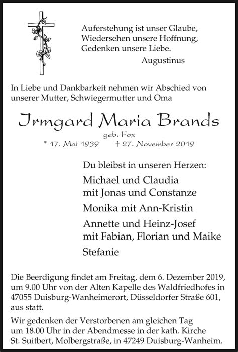 Traueranzeigen Von Irmgard Maria Brands Trauer In Nrw De