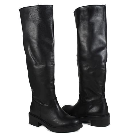 Knee High Biker Boots In Genuine Leather Sauvage Black Fall Winter