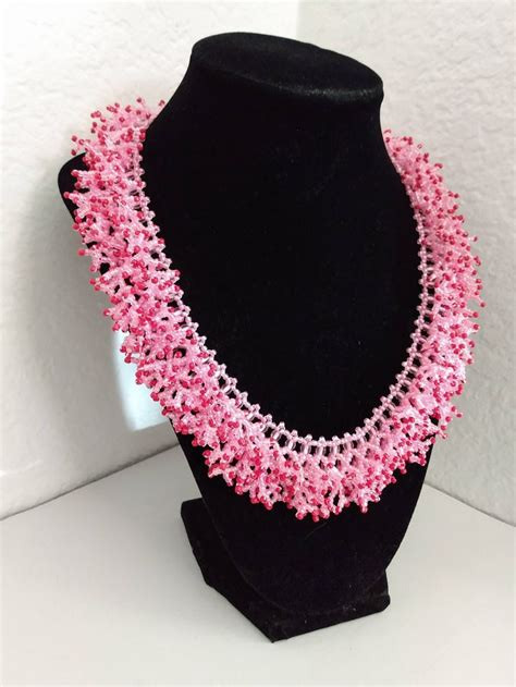 66 Glass Seed Bead Bib Choker Handmade Necklace 85 Pink Red Pearl Dainty Beaded Hook Etsy In