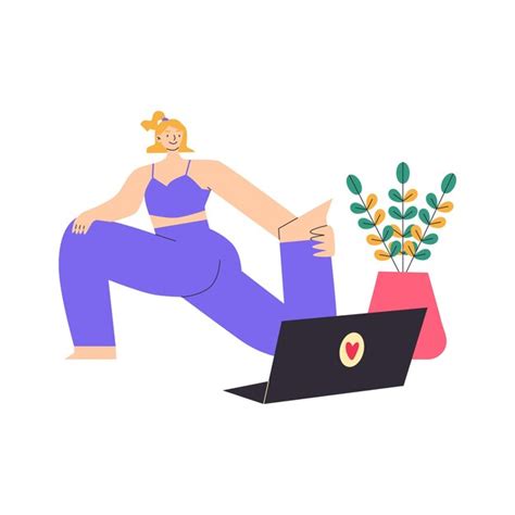 Premium Vector A Woman Doing Yoga In Front Of A Laptop