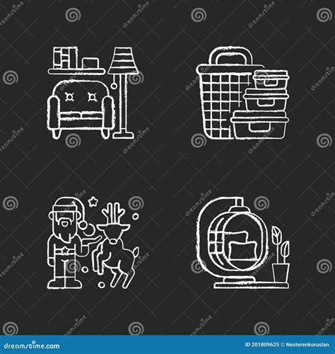 Homeware And Furniture Chalk White Icons Set On Black Background Stock