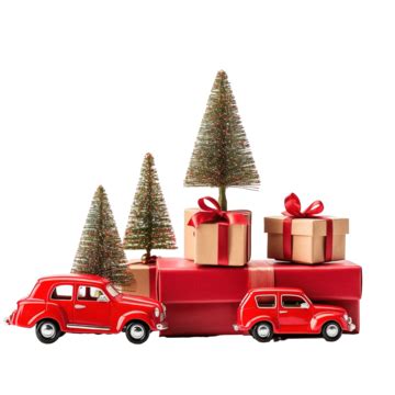 Red Toy Cars With Christmas Tree And Gift Box On Roof On White