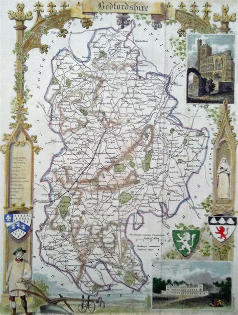 Antique Map Of Bedfordshire By Thomas Moule Very Decorative