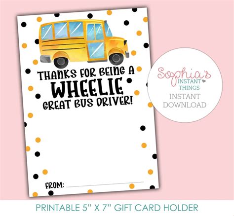 Printable Bus Driver Thank You Card Bus Driver Gift Card Holder Bus