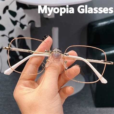 Women Myopia Glasses Fashion Anti Blue Light Blocking Eyeglasses Rimless Frame Finished Optical