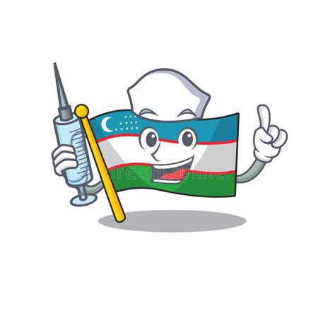 Hospitable Cute Nurse Flag Oezbekistan Scroll Cartoon Style Holding