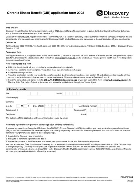 Fillable Online Chronic Illness Benefit CIB Application Form 2023