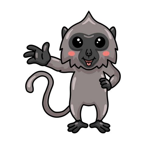 Mignon Petit Dessin Animé De Singe Langur Gris Agitant La Main