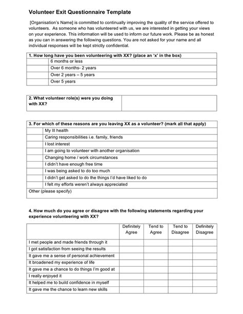 Volunteer Exit Questionnaire Template In Word And Pdf Formats