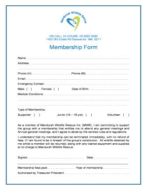 Fillable Online Membership Form 2016 Mandurah Wildlife Rescue Fax