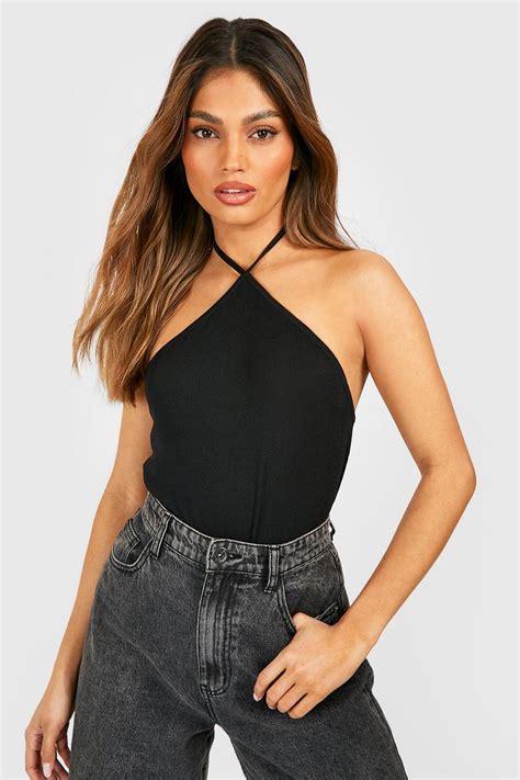 Black Rib Halter Neck Bodysuit Boohoo Uk