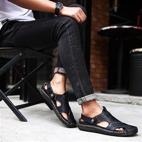 Aueoeo Beach Shoes Men, Men's Leather Flat Sandals Fashion Summer