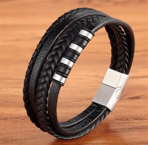 Armband Herren Leder Edelstahl Magnetverschluss Schwarz Silber Ebay