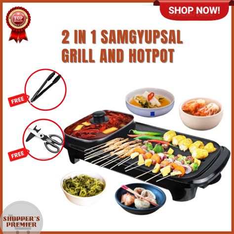 2 In 1 Electric Hot Pot And Grill With Free Tong And Kitchen Scissors Korean Samgyupsal Grill