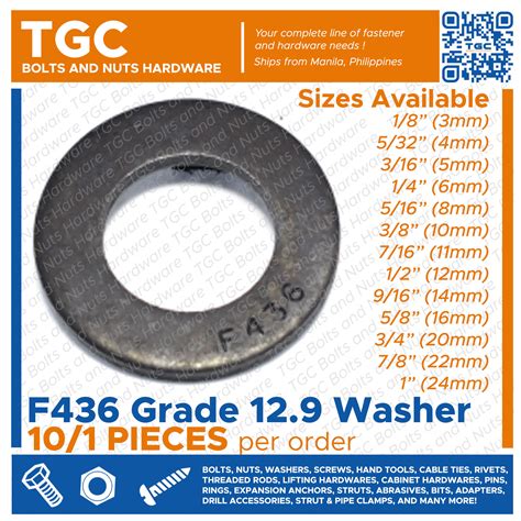 Tgc 101pcs F436 Flatwasher High Tensile Grade 129 Flat Washer