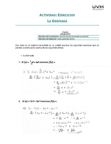 La Derivada Ejercicios Actividad Ejercicios La Derivada Fecha