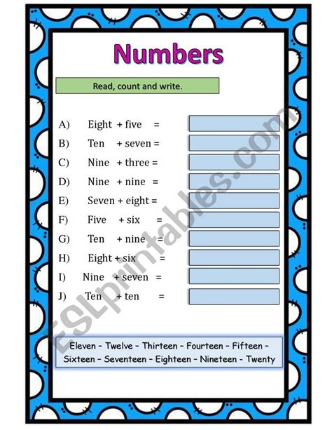 Numbers 1 20 Esl Worksheet By Larylen