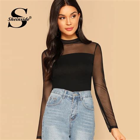 Sheinside Black Contrast Mesh Shoulder Top Women Spring Elegant