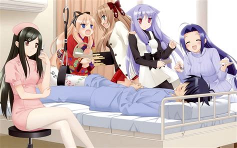 Five Women In Clothing In Front Of Man Lying On Bed Anime Characters Digital Wallpaper Hd