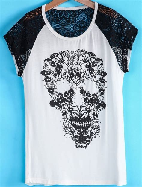 White Contrast Lace Short Sleeve Skull T Shirt SheIn Sheinside