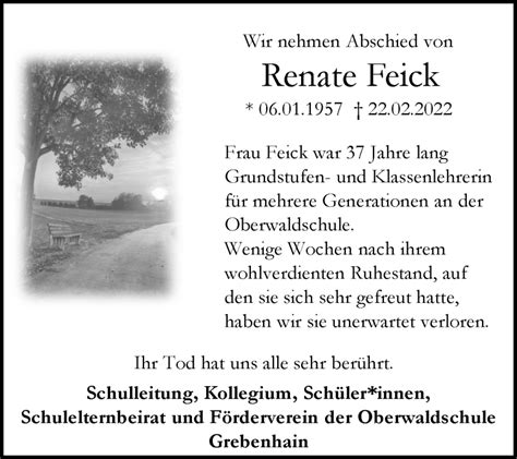 Traueranzeigen Von Renate Feick Vrm Trauer De