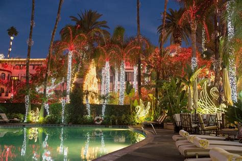 Pool area trees decorated with lights at Mission Inn Riverside