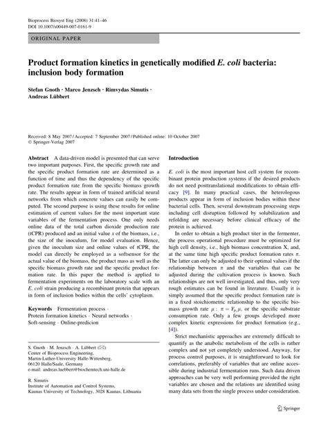 Pdf Product Formation Kinetics In A Recombinant Protein Production Process