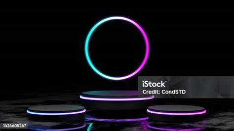 Tampilan Podium Mockup Modern Rendering 3d Dengan Lampu Neon Platform