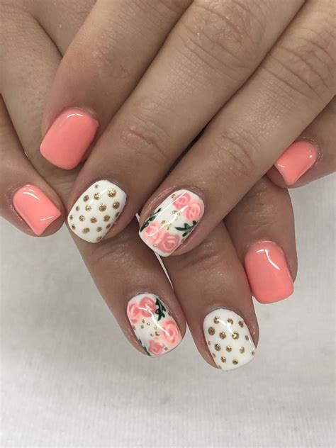 Spring Summer Melon Coral Roses Gold Gel Nails Coral Gel Nails