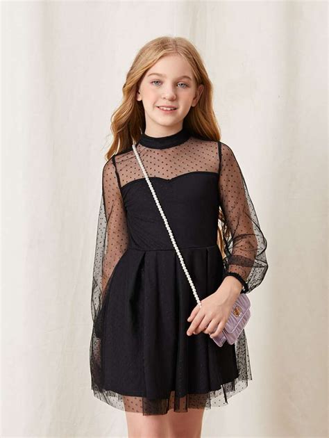 Shein Tween Girl Contrast Dobby Mesh Fold Pleated Hem Keyhole Back